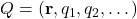 Q = (\mathbf{r}, q_1, q_2, \dots)